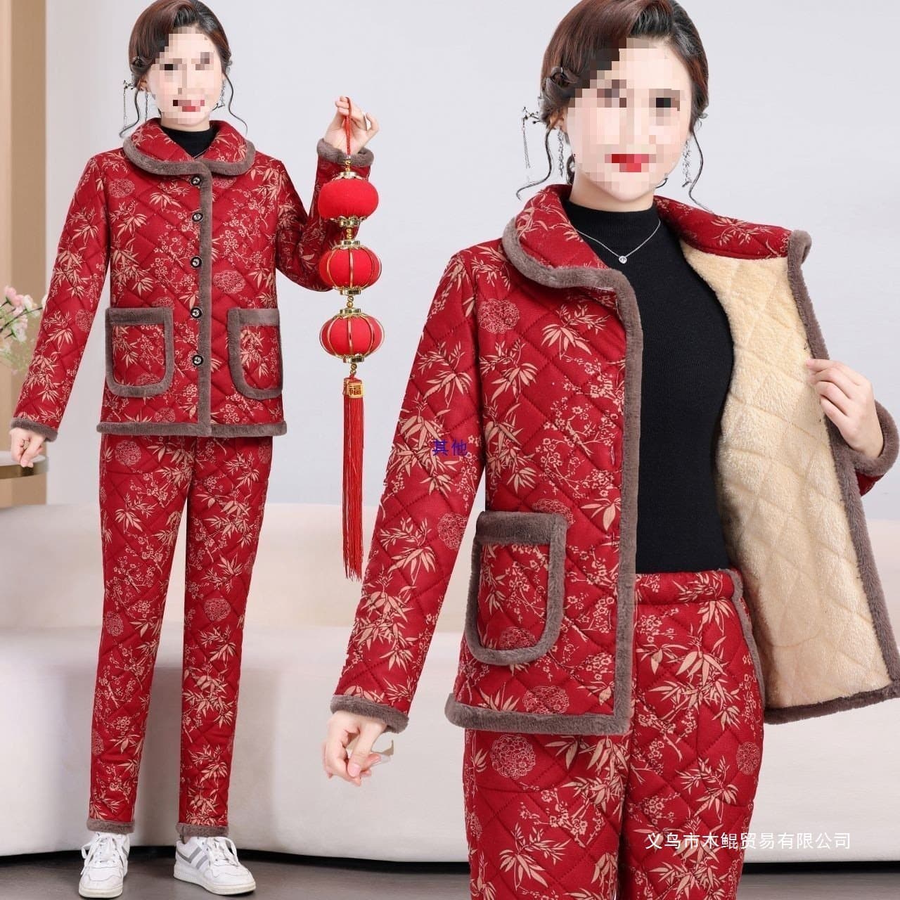 Middle-aged Women's Fleece-Lined Thick Cotton Suit Winter New Style Elderly Female Home Cotton Padded Jacket Two-Piece Set