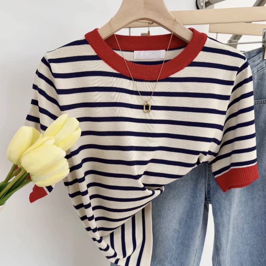 French Striped 100% Pure Cotton Short-Sleeve T-Shirt for Women, Summer New Style, Half-Sleeve Top with Unique Design, Regular Shoulder Knit Shirt