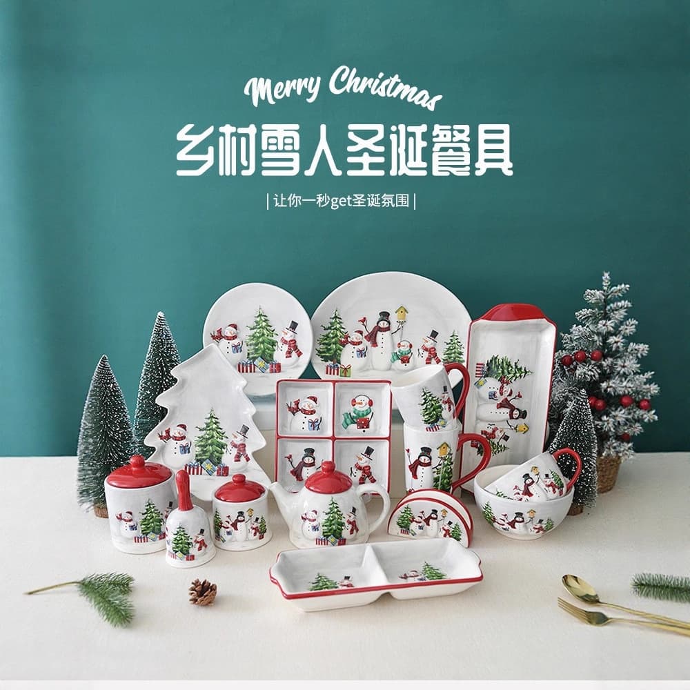 In stock, cross-border dropshipping Christmas Snowman series ceramic tableware wholesale, underglaze color holiday gifts