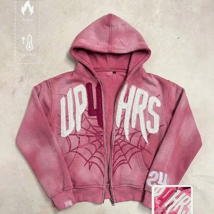 Dark Sweet Cool Style Washed Pink Spider Web Print Hoodie, 3D Letter Unisex Zip Hoodie Wholesale