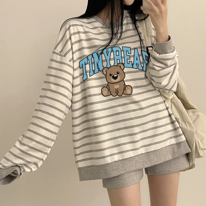Plus Size Striped T-Shirt with Sleeves for Women, Autumn New Korean Loose Oversize Slimming Long Sleeve Top
