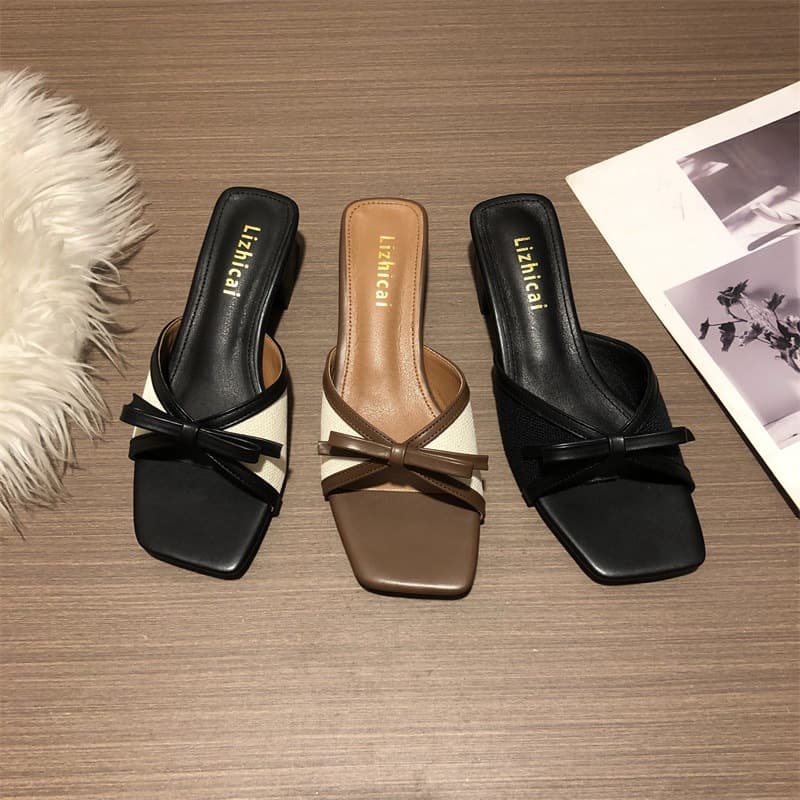 French Bow Square Toe Low Heel Flat Open Toe Slide Sandals for Women Outdoor 2025 Summer Slippers