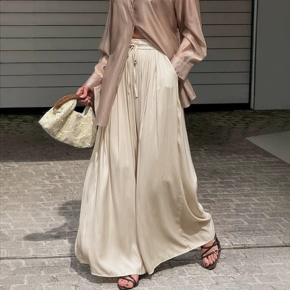 French casual loose drape trousers cross-border European and American breathable drawstring wide-leg trousers elegant high-waisted trousers for women