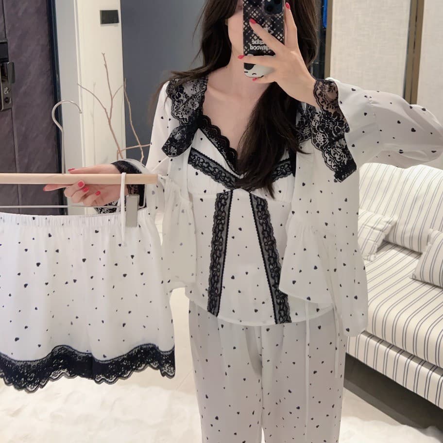 Lace Camisole Sleepwear with Padded Bra, Heart Pattern, Women's Pajamas, New Autumn/Winter, Wearable Outside, Ice Silk Lingerie