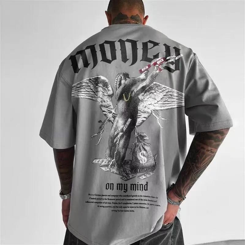 Loose Fit Cotton Round Neck T-Shirt Men's Fashion Angel Print Short Sleeve Unisex Casual Top for Teens and Adults