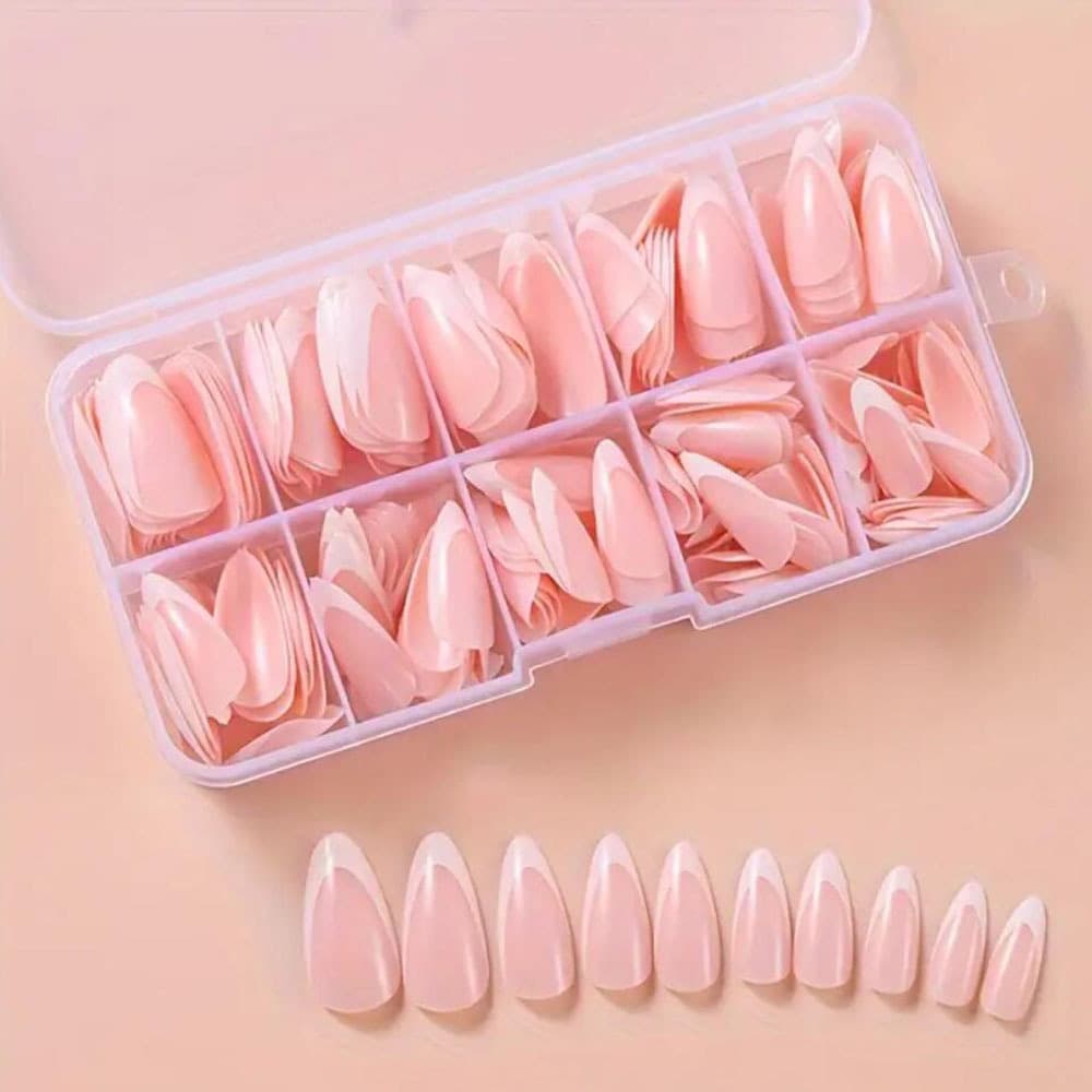 Cross-border Boxed 360 Pieces Classic Nude Pink French Almond Nails Medium Solid Color Minimalist White Edge Women's DIY Wearable Nails