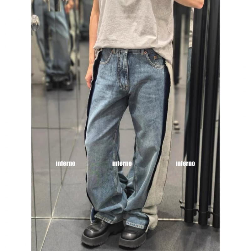 2026 spring and summer new American style hiphop washed splicing deconstructed jeans boys retro loose wide leg pants trendy