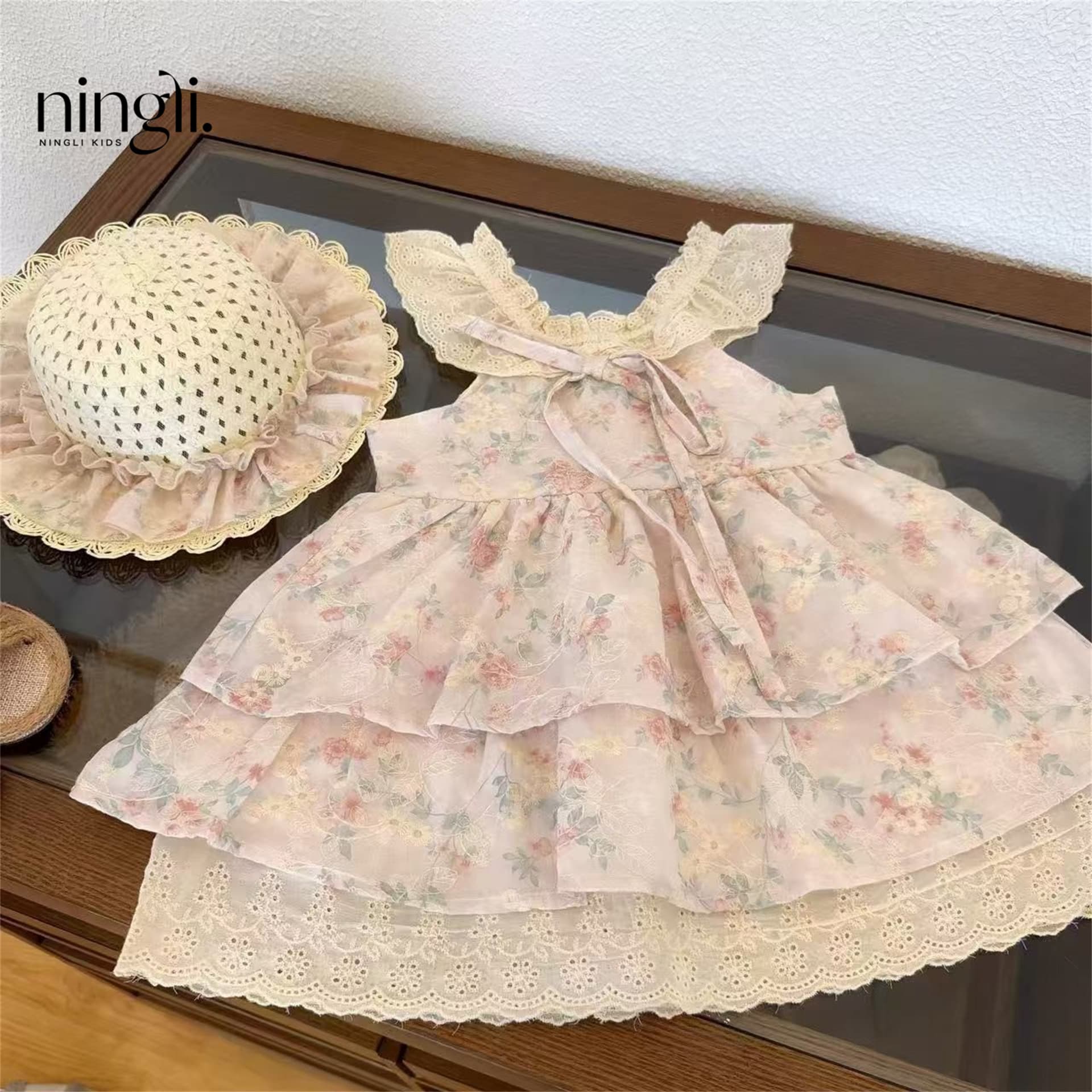 Ningli Kids Girls Summer Fashionable Floral Strap Patchwork Princess Dress New Style Dress