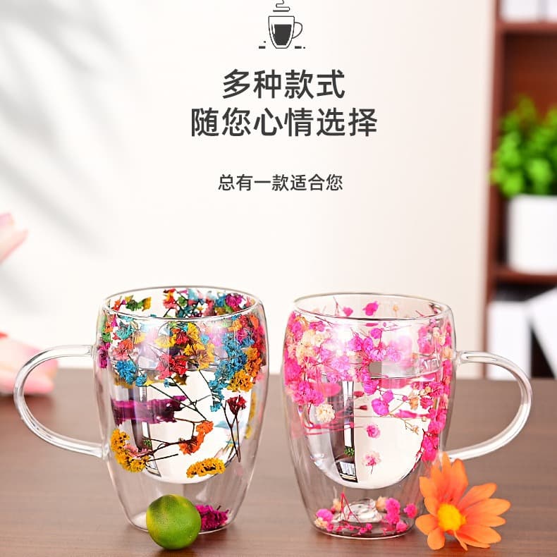 Creative Double Layer High Borosilicate Glass Water Cup with Handle Office Use Floral Design Eco Friendly Heat Resistant Beverage Cup