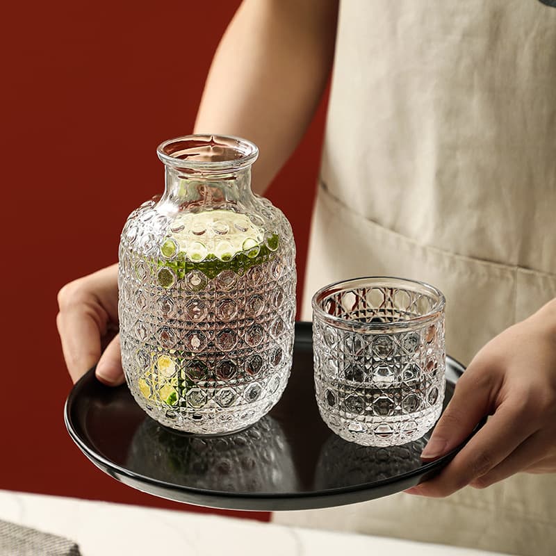 Vintage Embossed Gem Crystal Glass Pitcher Large Capacity Juice Cold Water Pitcher Set with One Cup Wholesale