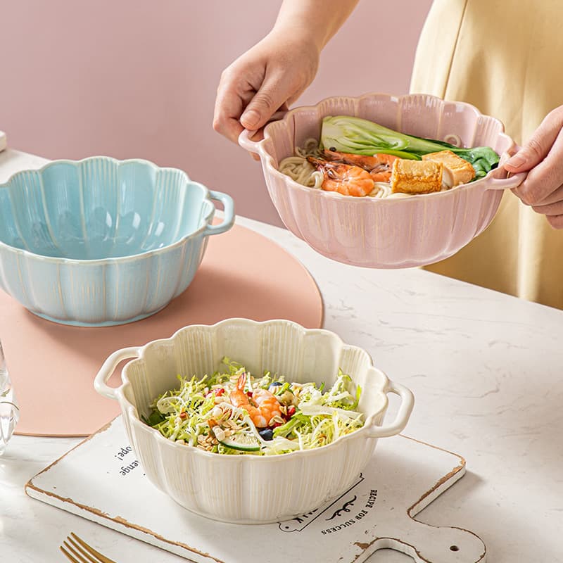 Kiln Change 7.5 Inch Binaural Round Bowl Rice Bowl Soup Bowl Noodle Bowl Salad Bowl Japanese Underglaze Color Household Ceramic Tableware