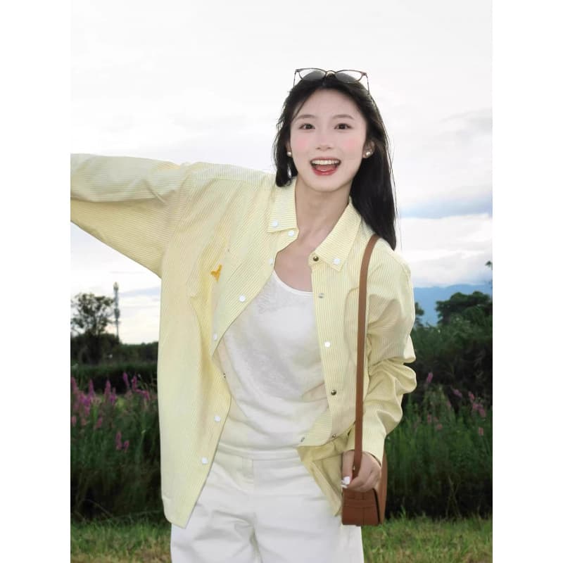 American Striped Shirt for Women, New Dog Embroidery Yellow Loose Sun Protection Jacket Dopamine Top