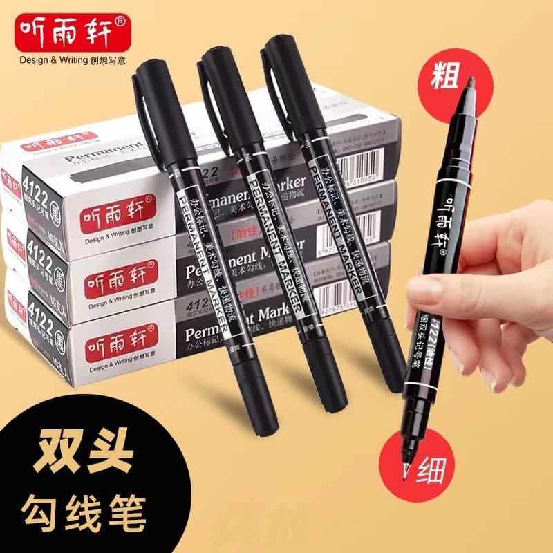 Double-Ended Marker Pen Oil-Based Fine Tip Outline Marker Student Small Double-Ended Pen Black Refillable Marker