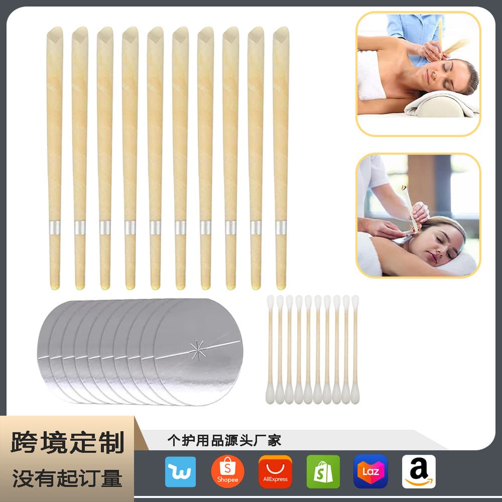 In-stock cross-border hot seller silver-labeled ear candles, trumpet-shaped with plugs and cotton swabs, 10 pieces per pack.