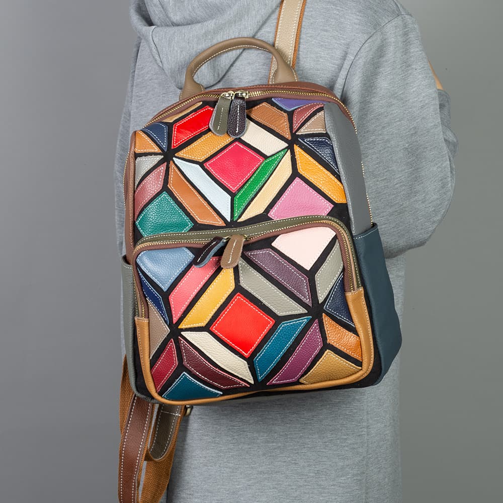 New genuine leather women's bag, colorful casual bohemian style geometric pattern color blocking casual women's backpack/shoulder bag