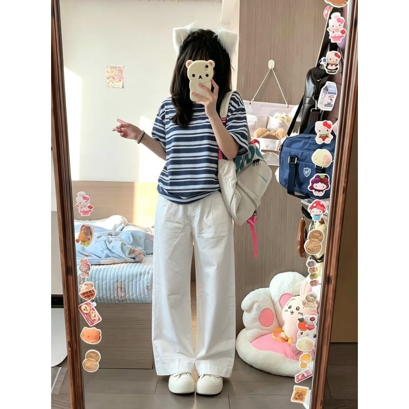 Summer American Streetwear Short Sleeve Sportswear Two-Piece Set Women Contrast Stripe Top Long Pants Casual Slimming Set