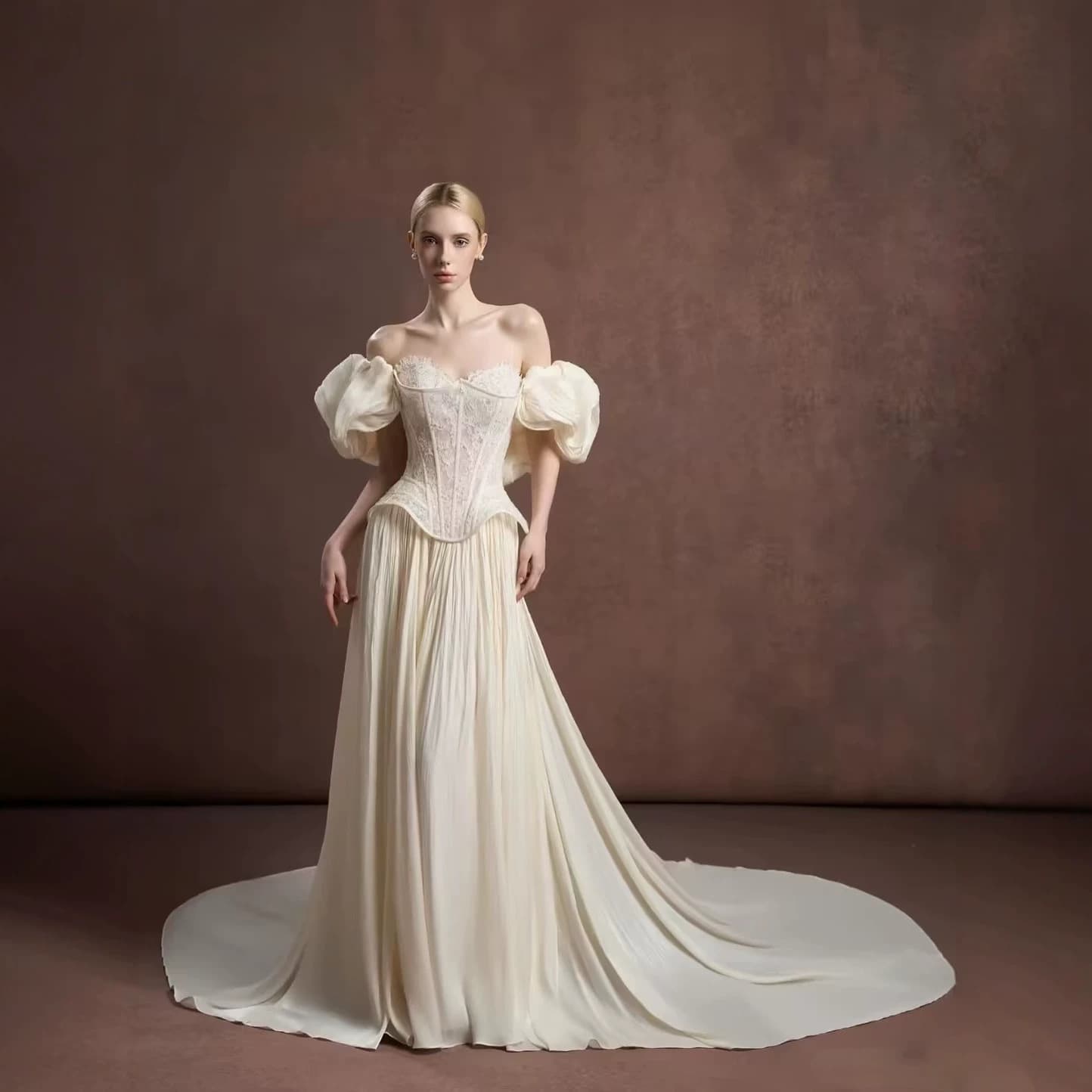 Wedding Dress French Mermaid Wedding Gown with Detachable Puff Sleeves, Lace Corset Waist-Cinching Bride Dress for Ceremony