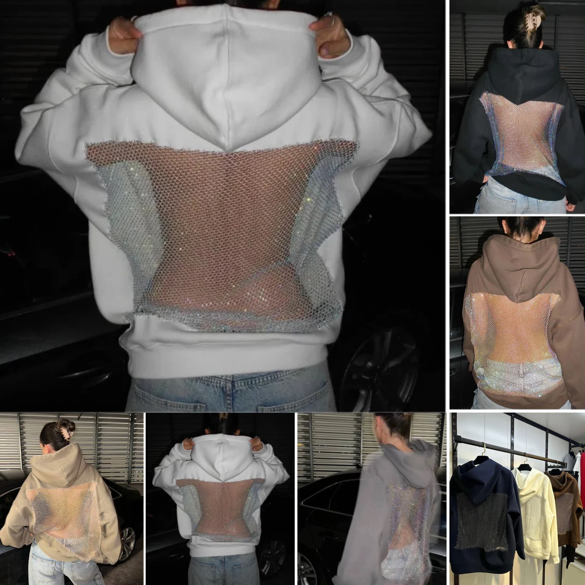 2025 Women's Hooded Sweatshirt Casual Long Sleeve Pullover American Style Hollow Mesh Long Sleeve Top