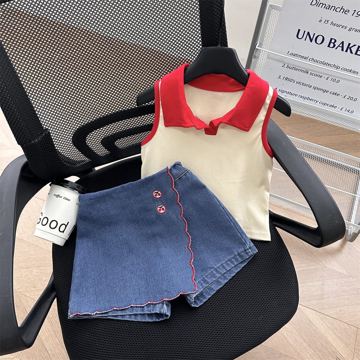 77268 Summer Girls Korean Style Sleeveless Polo Vest with Denim Shorts Set Trendy Two-Piece Outfit for Girls