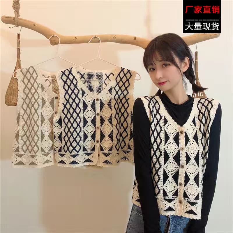 Vintage Diamond Grid Hollow Crochet Vest Women Loose Casual Short Outerwear Slim Vest Cardigan Jacket Top