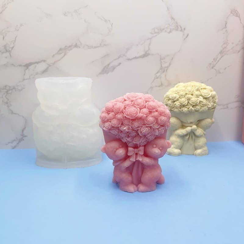Valentine's Day Rose Bear Holding Rose Scented Candle Silicone Mold Bear Aroma Plaster Decoration Mold
