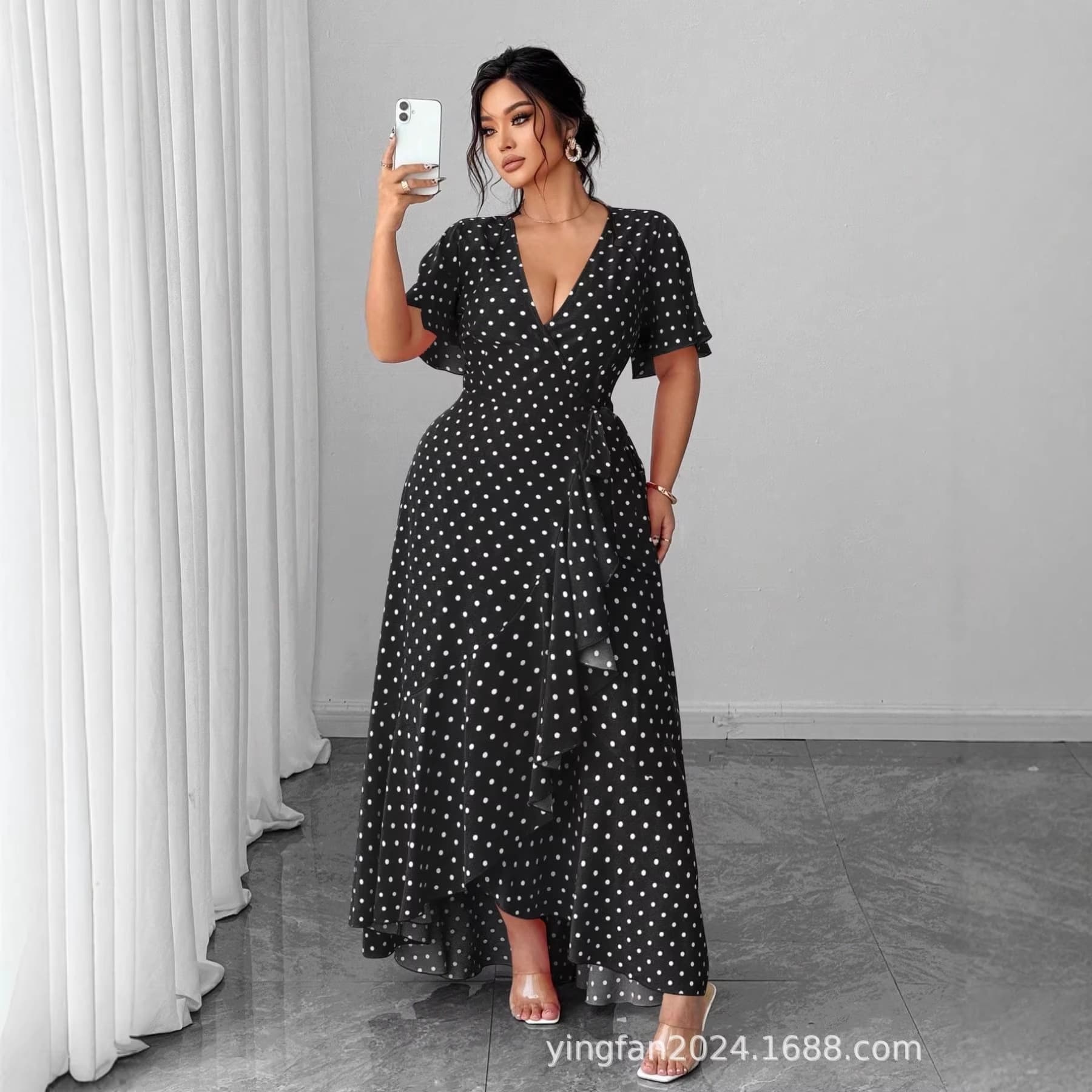 2026 Cross-Border European and American Polka Dot V-Neck Dress Summer Slim Ruffle Fishtail Maxi Dress Plus Size High-End Women's Clothing