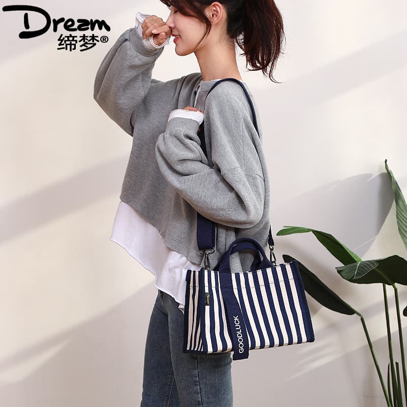 Drezm Korean Canvas Bag, INS Style Crossbody Tote Bag, Square Small Square Bag, Square Stripe Women's Crossbody Bag