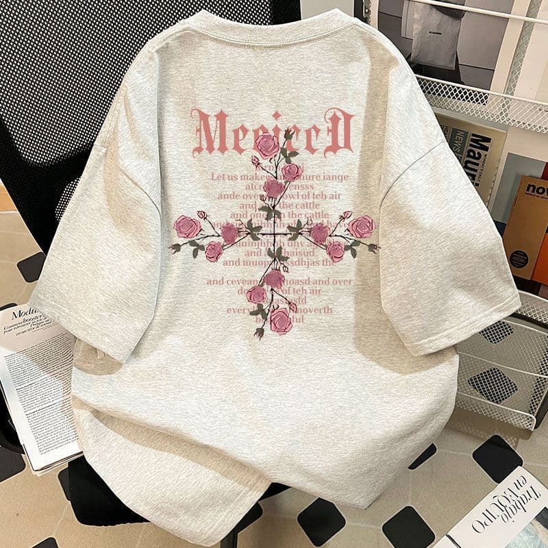 2026 Heavyweight Cotton Crew Neck Short Sleeve T-Shirt for Men and Women Vintage Rose Print Loose Casual Summer Top