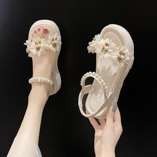 Flower Sandals for Dresses Women 2025 Summer New Fairy Style, Pregnant Women's Shoes Flat Bottom Outdoor Beach Sandals
