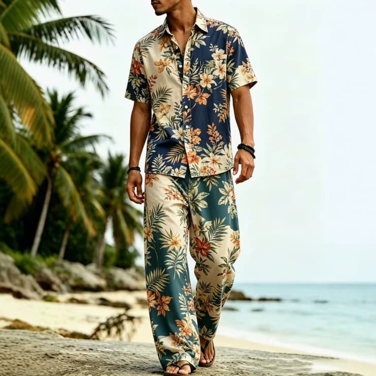 Factory Direct Foreign Trade Lapel Collar Short Sleeve Shirt Set Men's Casual Trousers Two-Piece Set Cross-Border Europe and America Men's Clothing Wholesale