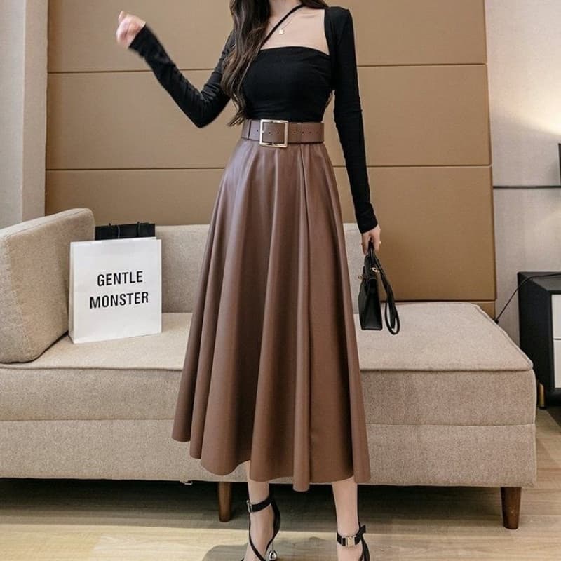 2025 New High-Waist Pleated A-Line Midi Skirt for Women, Spring and Fall Long Skirt with Hip-Hugging Flared Hem