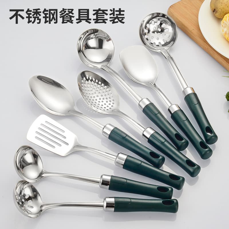Stainless steel serving spoons, spatulas, and communal strainers for hot pots and soups.