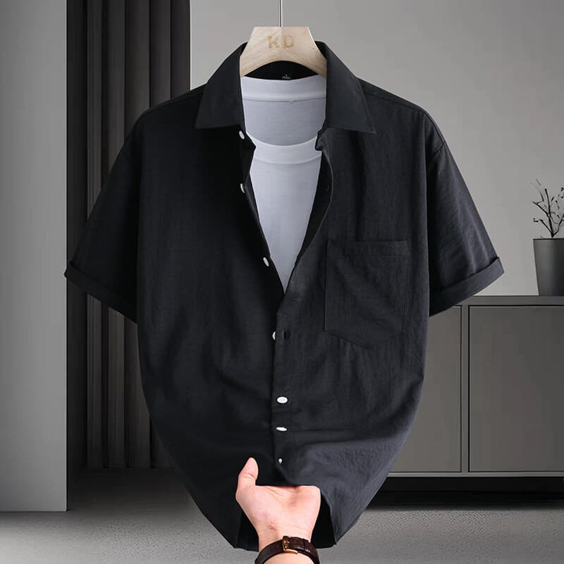 2026 New Solid Color Casual Men's Short-Sleeved Shirt Ice Silk Fashion Trend Workwear Top Men's Shirt Black