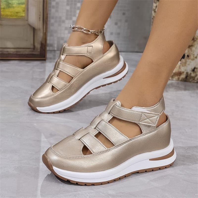 New Cross-Border Hollow Plus Size Sandals for Women 2025 Autumn Summer Export Solid Color Cut-Out Thick Sole Hook-and-Loop Casual Women's Shoes