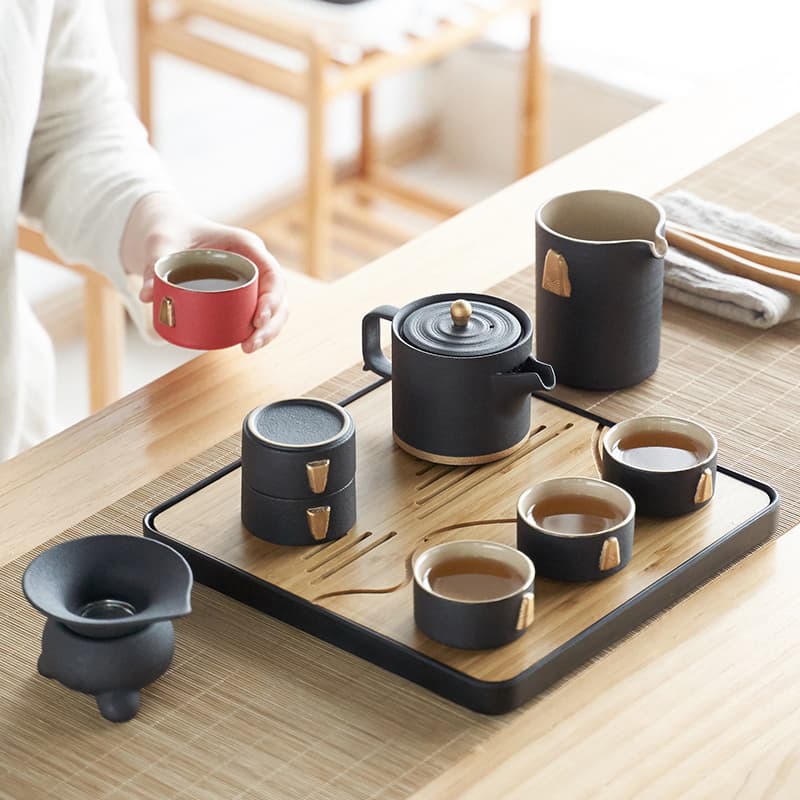 Hu Ru Black Pottery Teapot Kung Fu Tea Set, Home Simple Red Brewing Set, Living Room Japanese-style Cup Gift Box with Logo Printing