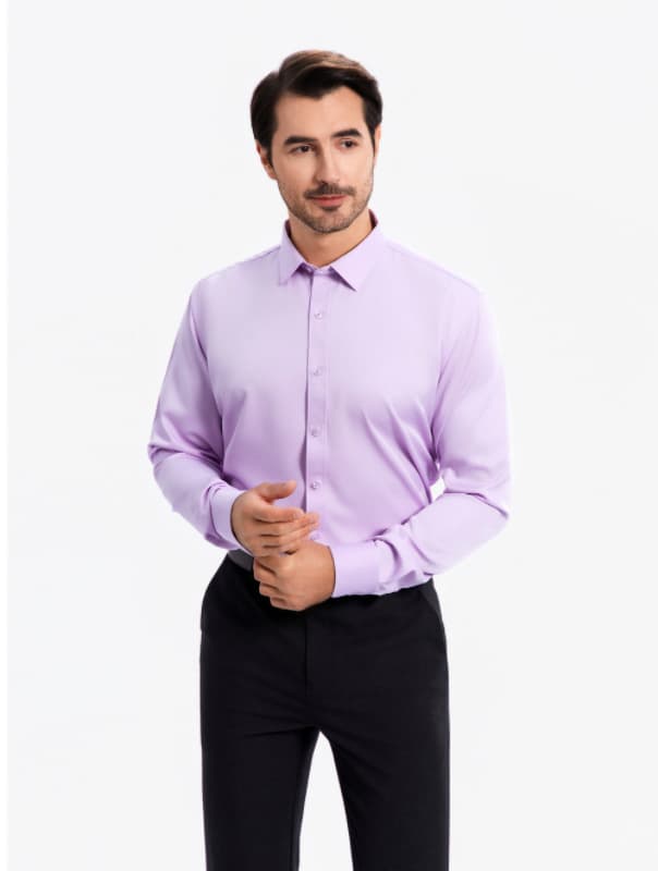 Men's Solid Color Four-Way Stretch Shirt, Wrinkle-Free Slim Fit Spring/Autumn Long-Sleeve Dress Shirt, Premium Look