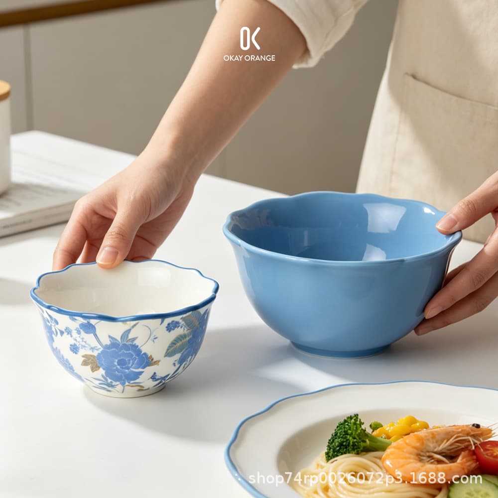 Vintage Bird and Vine Floral Lace Edge Ceramic Bowl for Home Underglaze Color Rice Bowl Soup Bowl Trendy Ins Lace Bowl