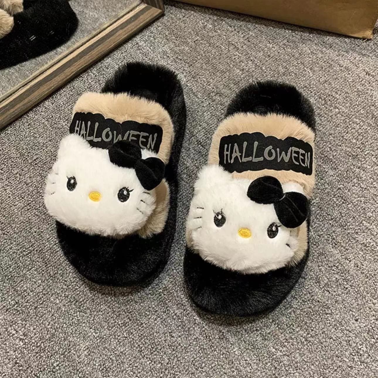 Extra Thick Sweet Style Kitty Cat Fuzzy Slippers for Women Autumn Winter Fashion Versatile Half Slippers Thick Sole One-Strap Cotton Slippers