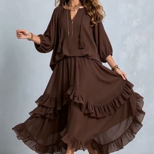 2026 Spring Europe and America Amazon Cross-border V-Neck Tie Front Ruffle Flared Maxi Dress Casual Vacation Set