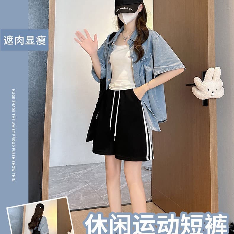 Three-Stripe Athletic Shorts for Women, Summer Thin Loose Striped American Trendy Casual Wide-Leg Five-Inch Pants
