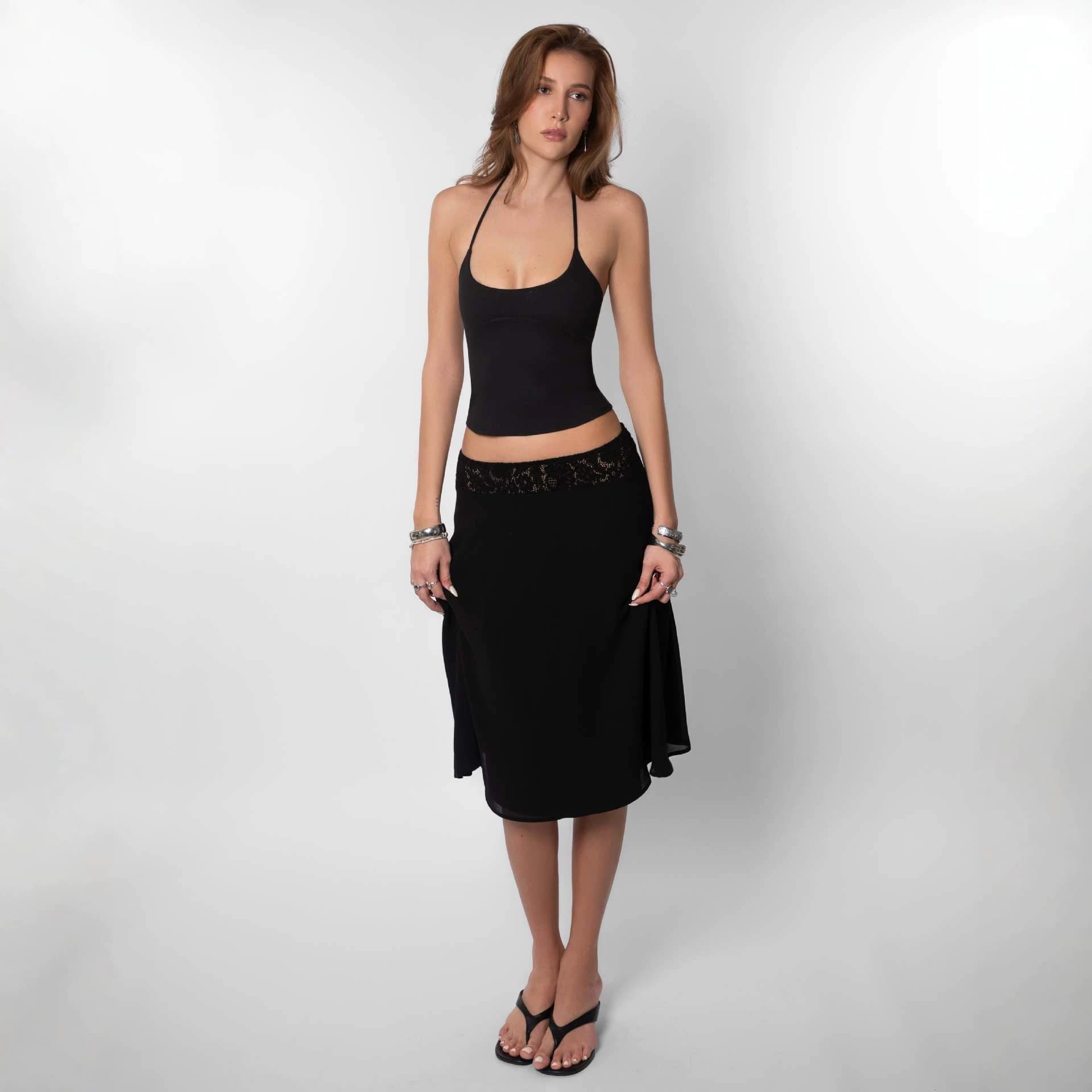 Cross-Border European-American Hot Girl Black Bodycon Halter Top Lace Waistband Flowing Chiffon Midi Skirt Set