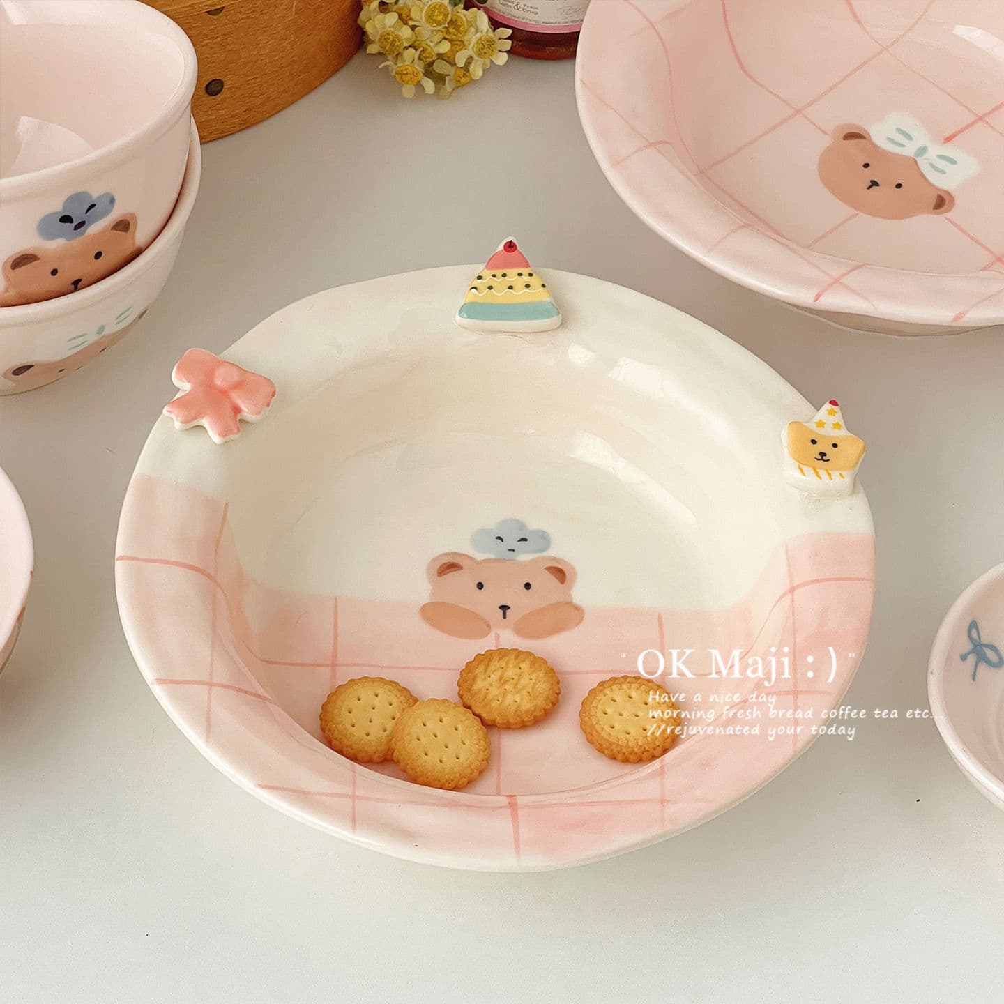 Beautiful Plate One Person Ins Style Dinner Plate Cute Straw Hat Plate High Appearance Bowl Plate Ceramic Salad Dessert Plate
