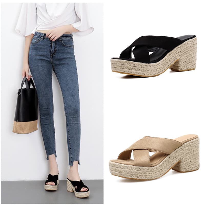 Women's Straw Woven Wedge Heel Sandals Summer Platform Thick Sole Flip Flops Fashion Casual Cross Strap Slippers
