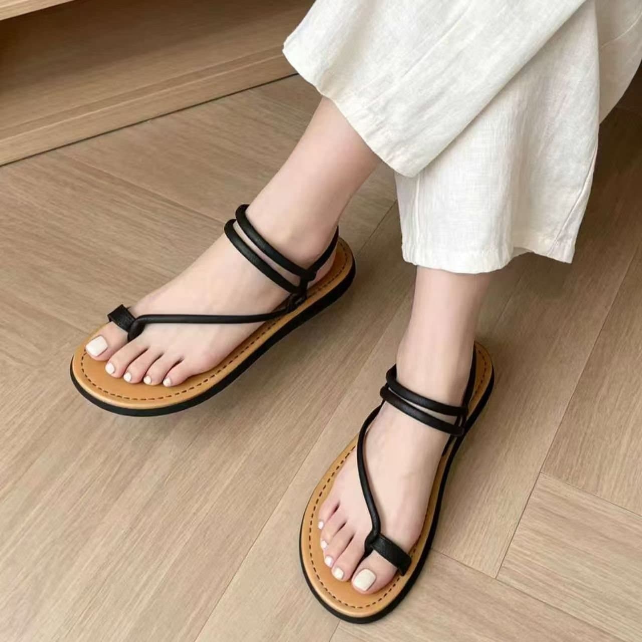 Two-Way Flat Toe-Loop Sandals for Women, Summer Outdoor Korean Simple Fairy Style, Beach Roman Sandals to Match Dresses