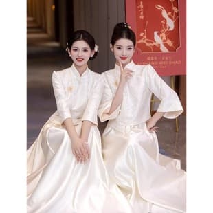 New Chinese Style Bridesmaid Dress, Satin, Year-End Party Style, Champagne Color, Long Sleeve, Bridal Party Dress for Women, Minimalist Winter Style