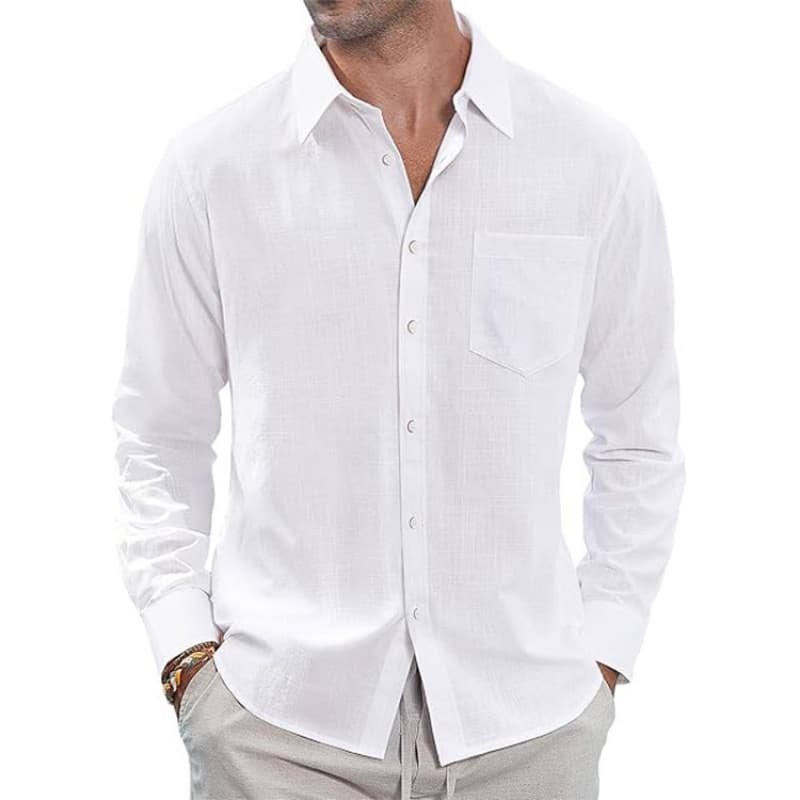 Cross-Border Foreign Trade Spring Summer Cotton Linen Shirt EBAY Thin Lapel Collar with Pocket Linen Long Sleeve Shirt Men