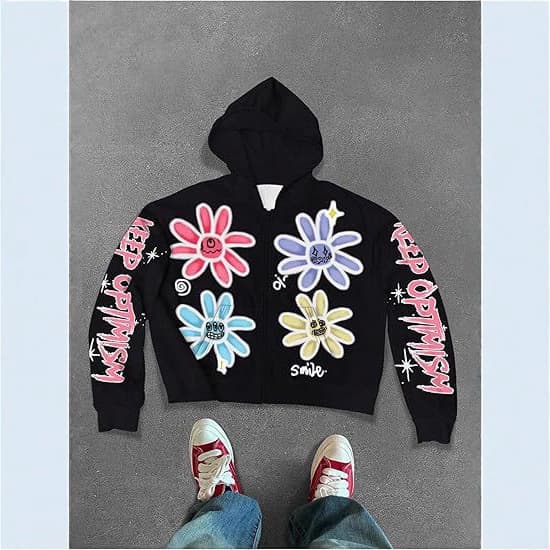Hot-selling floral digital print hooded zip-up sweatshirt streetwear unisex