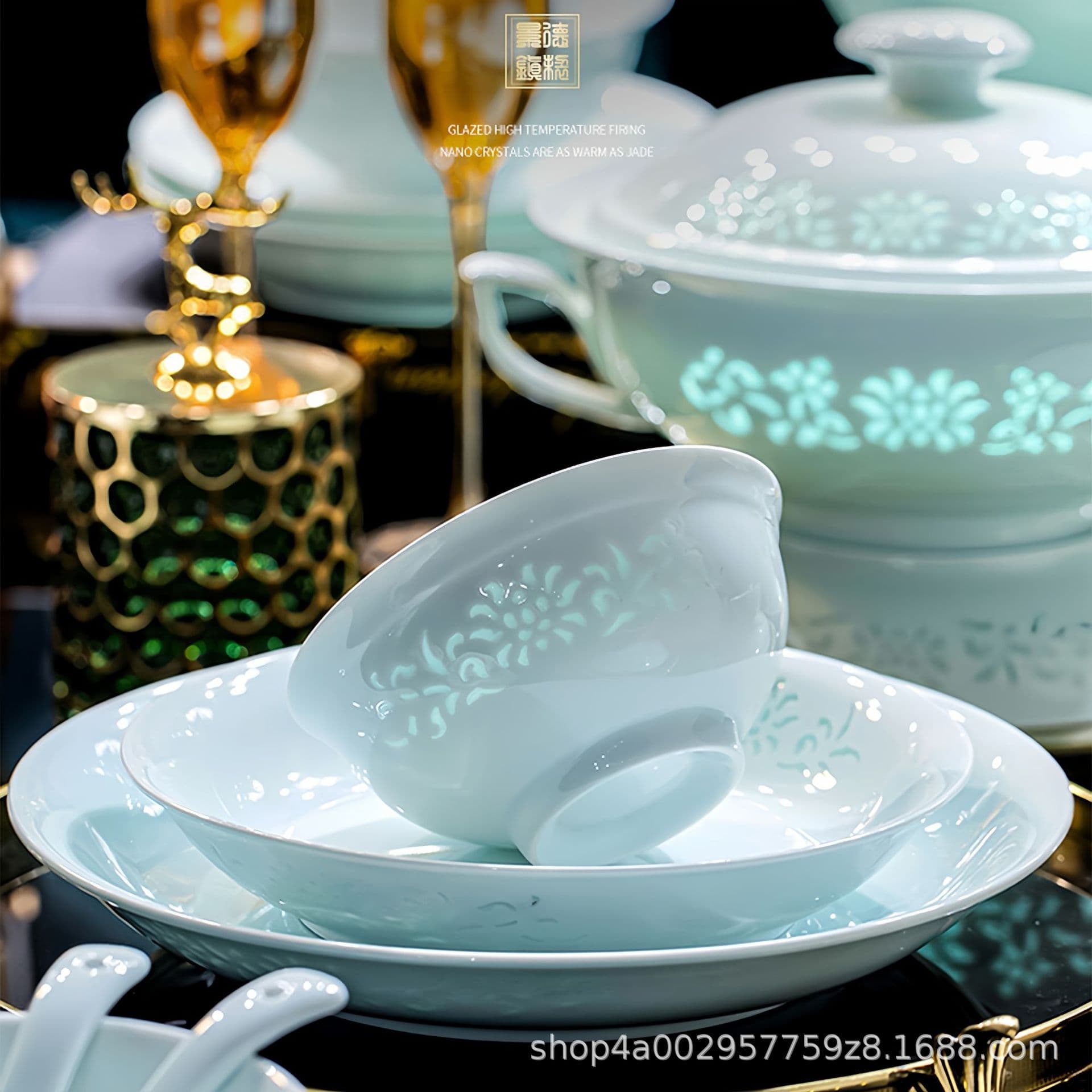 Shadow celadon underglaze color Jingdezhen high temperature white porcelain dish set easy to clean non-stick oil free matching celadon exquisite
