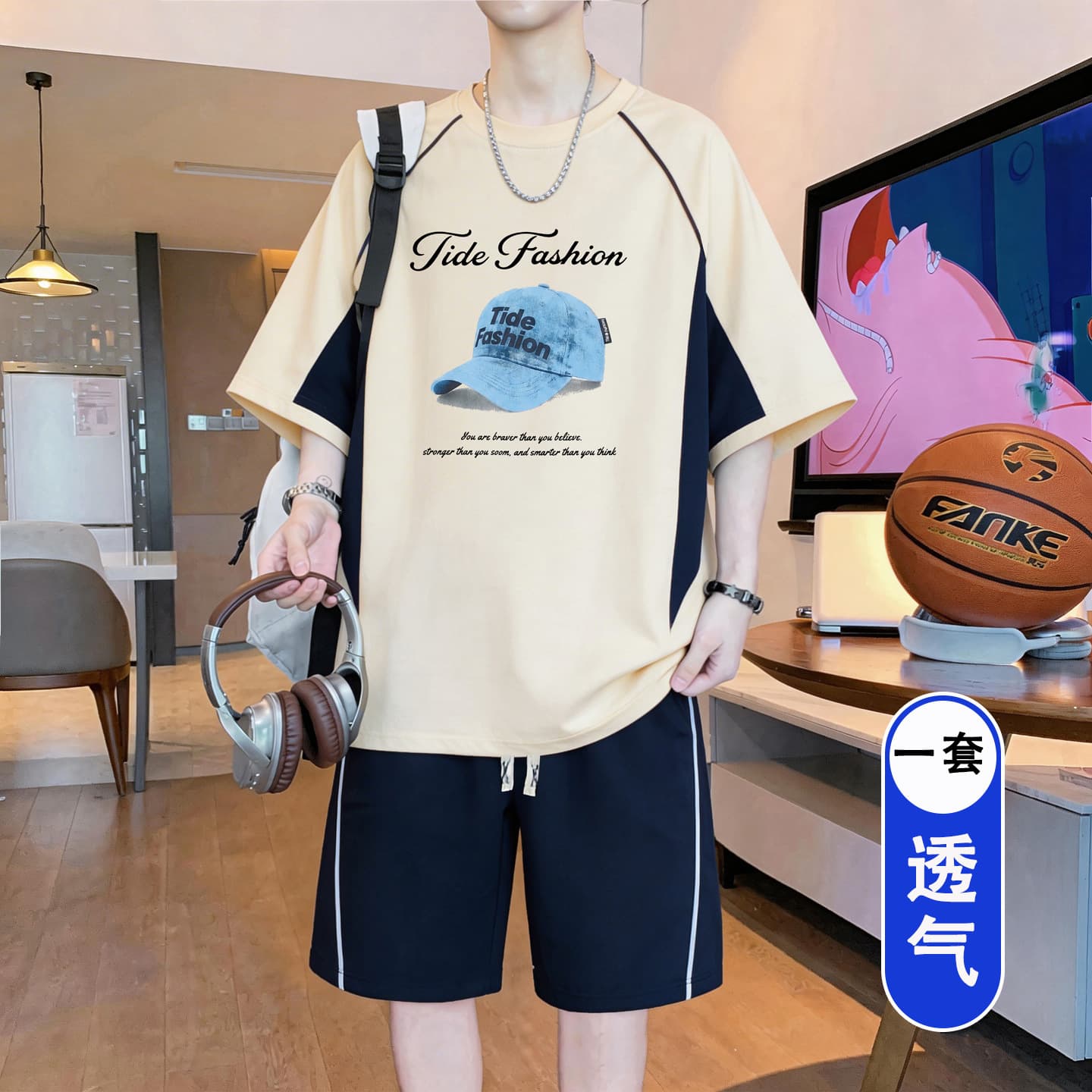 Youth Fashion Sports Suit Male Junior High School Student Short-Sleeved T-Shirt 15 Big Children's Shorts Trendy Printed Two-piece Set