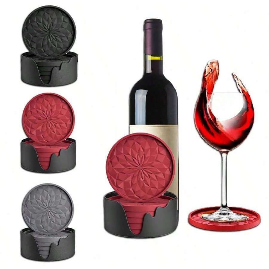 Silicone Coasters Set of 6 with Holder, Drink Wine Glass Coasters, Thickened Non-Slip Diamond Non-Stick Tray, Cross-Border
